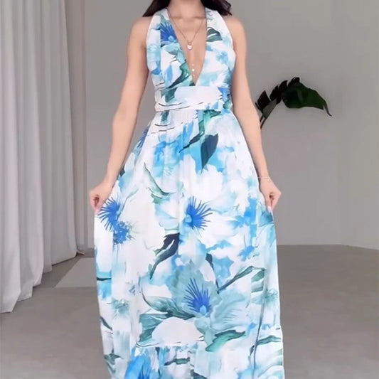 Women's Off-shoulder Backless Printed Chiffon Dress