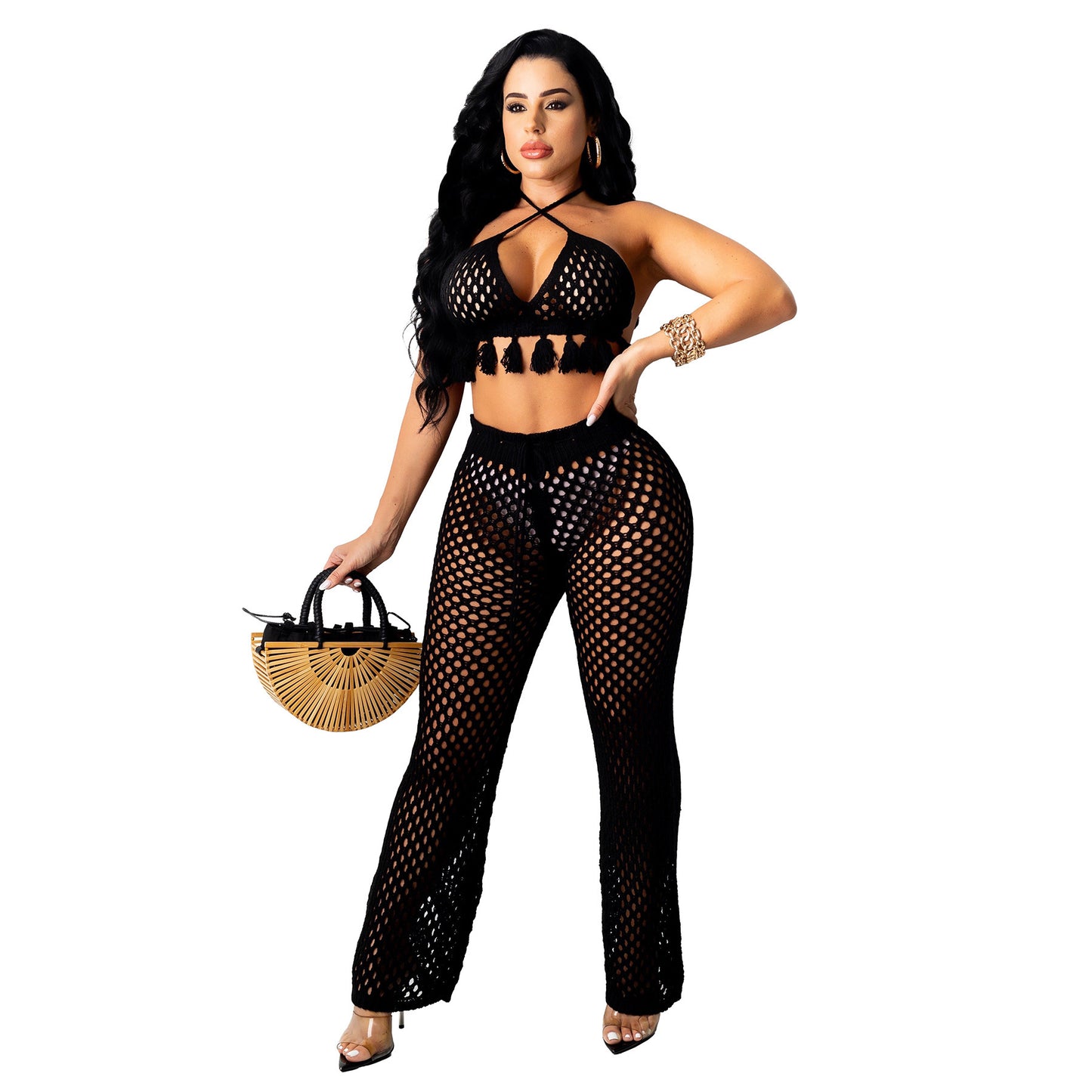 Women's Sexy Knitted Suit Hollow Swimsuit Two-piece Skirt