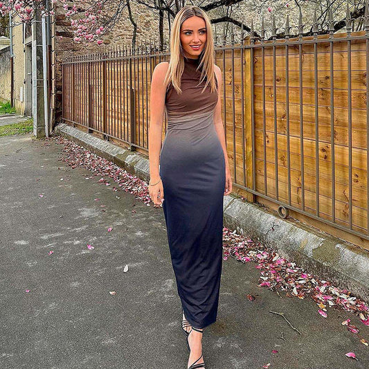 Round Neck Sleeveless Tie-dyed Mesh Long Dress