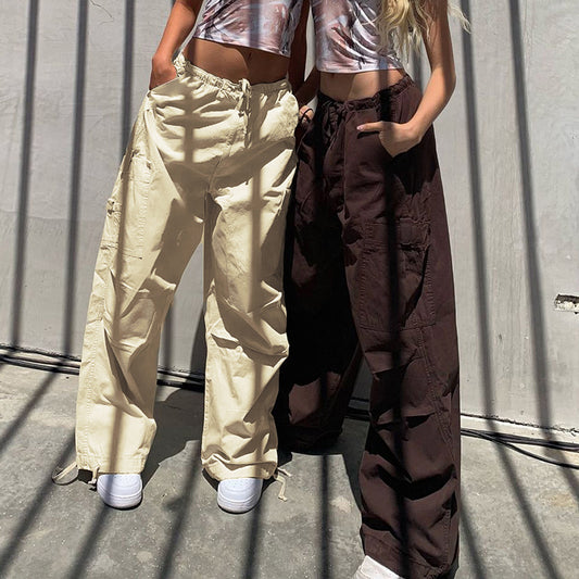 Ladies Fashion Panel Drawstring Woven Trousers