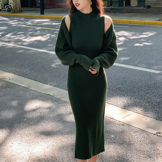 Women's Fashion Slim Suit Knitted Dress Two-piece Set