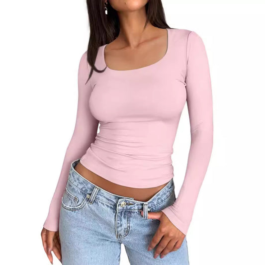 Solid Color Double Layer Square Collar Slimming Sexy Long Sleeve Women's T-shirt