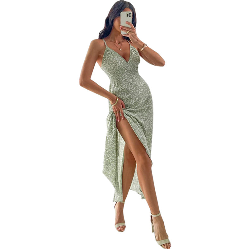 Summer European And American Women's Clothing Printed Sling Backless Casual Long Dress