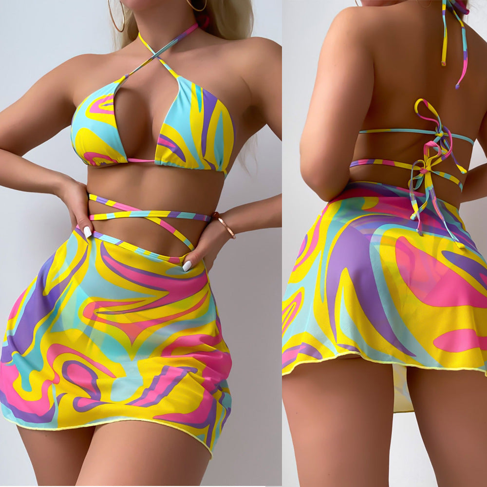 Halter Lace-up Swimsuit Female Striped Printing Suit