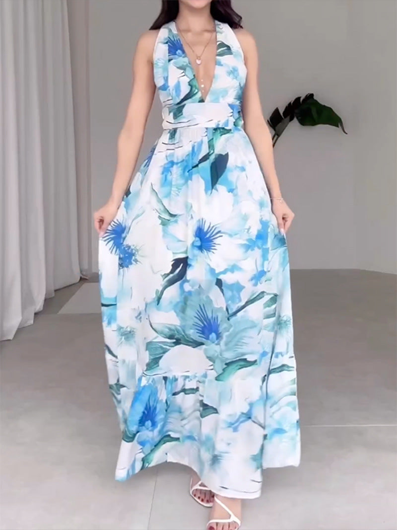 Women's Off-shoulder Backless Printed Chiffon Dress