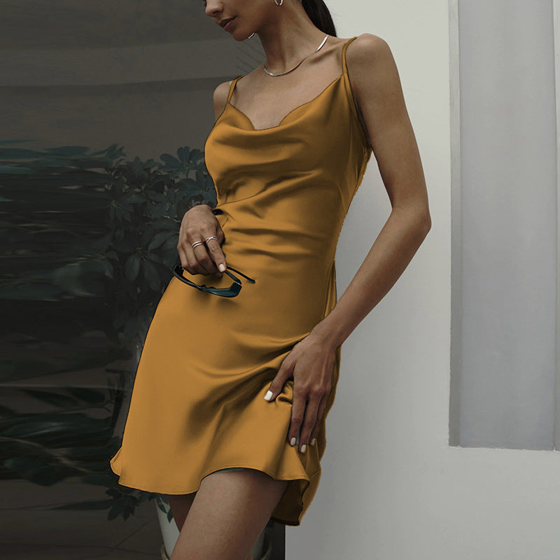 Elegant Pockets Collar Satin Basic Backless Suspender Dress