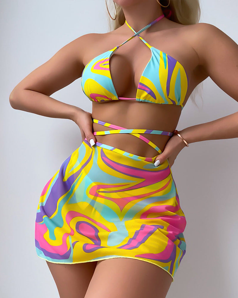 Halter Lace-up Swimsuit Female Striped Printing Suit