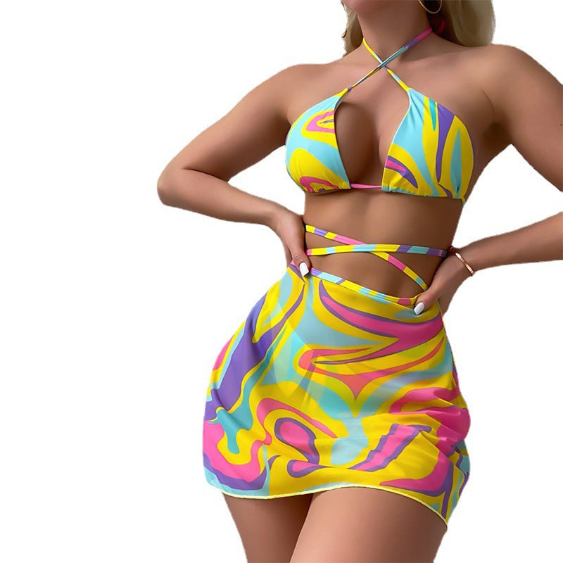 Halter Lace-up Swimsuit Female Striped Printing Suit