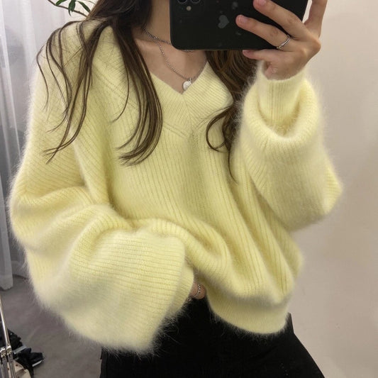 Western Style Lantern Sleeve Mink Wool Knit Sweater Women