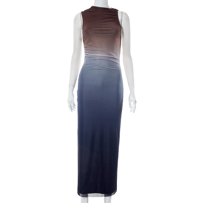 Round Neck Sleeveless Tie-dyed Mesh Long Dress