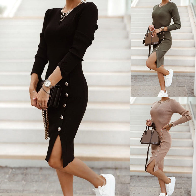 Ladies' Temperament Split Button Knit Skirt