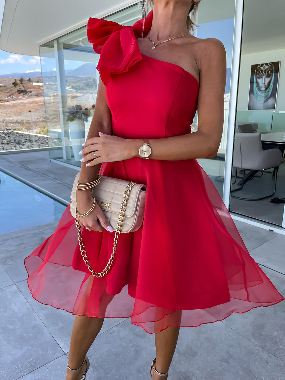 European And American New Women's One-shoulder Sleeveless Mesh Stitching Big Swing Dress