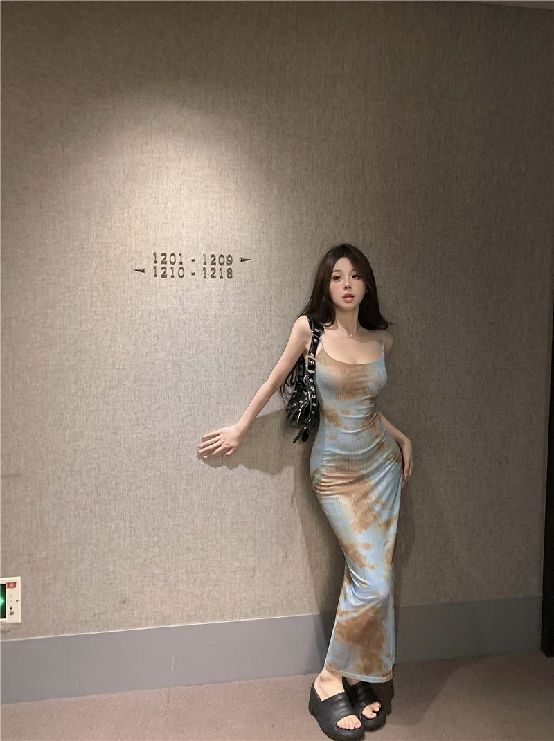 Women's Waist Tie Dye Suspender Dress