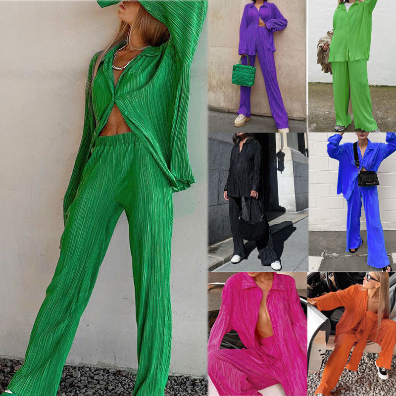 Women's Solid Color Drape Loose Silky Pleated Casual Two-Piece Set