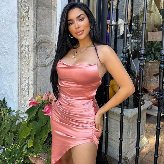 Autumn And Winter Sexy Satin Halter Lace-up Pleated High Slit Sling Dress