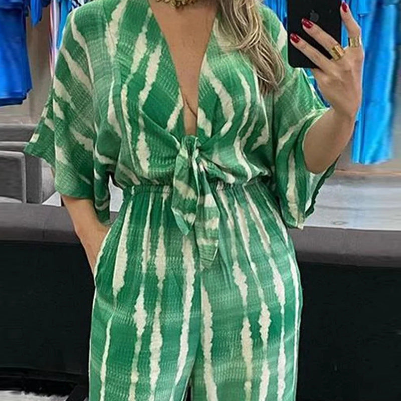 Personalized Print Lace Up V Neck Jumpsuit