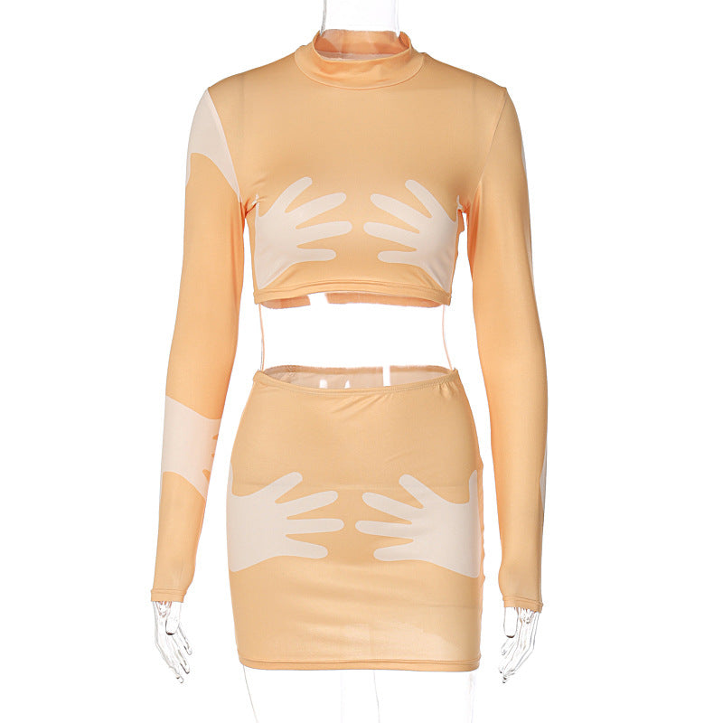 Fashion Print Crop Long Sleeve Top Slim Short Style Skirt Suit