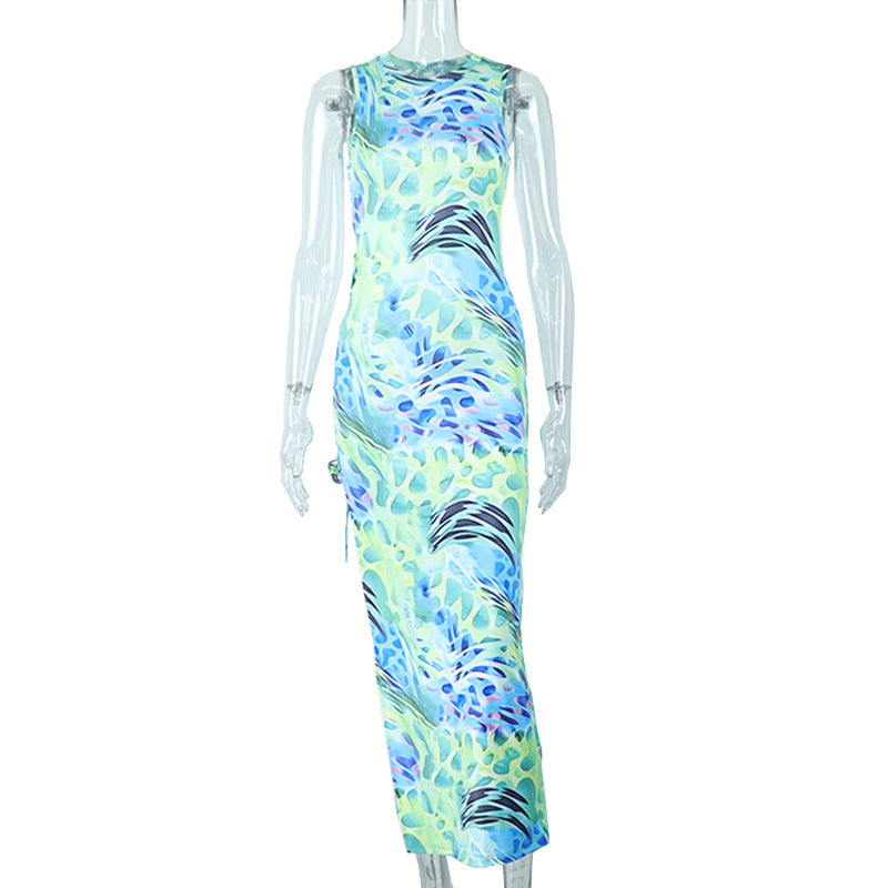Round Neck Sleeveless Printing Lace Split Mid Length Dress For Women