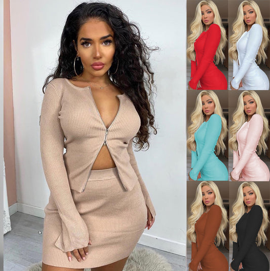 Double Zipper Pit Strip Long Sleeve Top Short Skirt Fashion Set