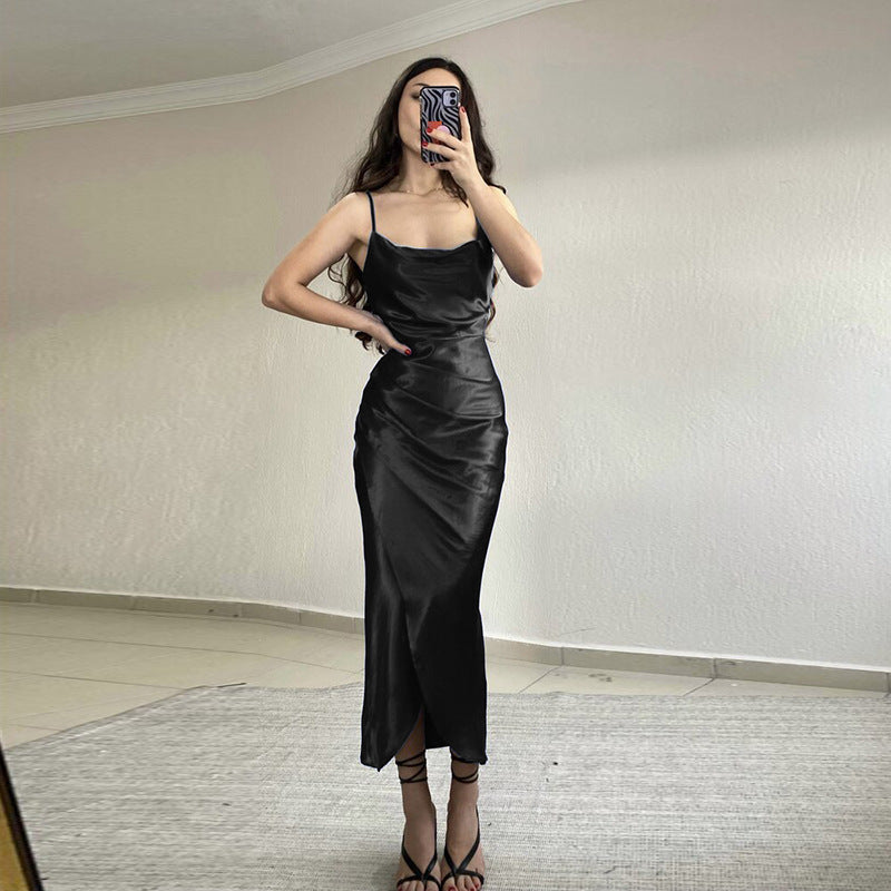 Women's Low Cut Satin Split Sling Dress