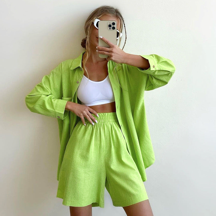 Fashion Cardigan Cotton And Linen Pure Color Comfort Pajamas Two-piece Set