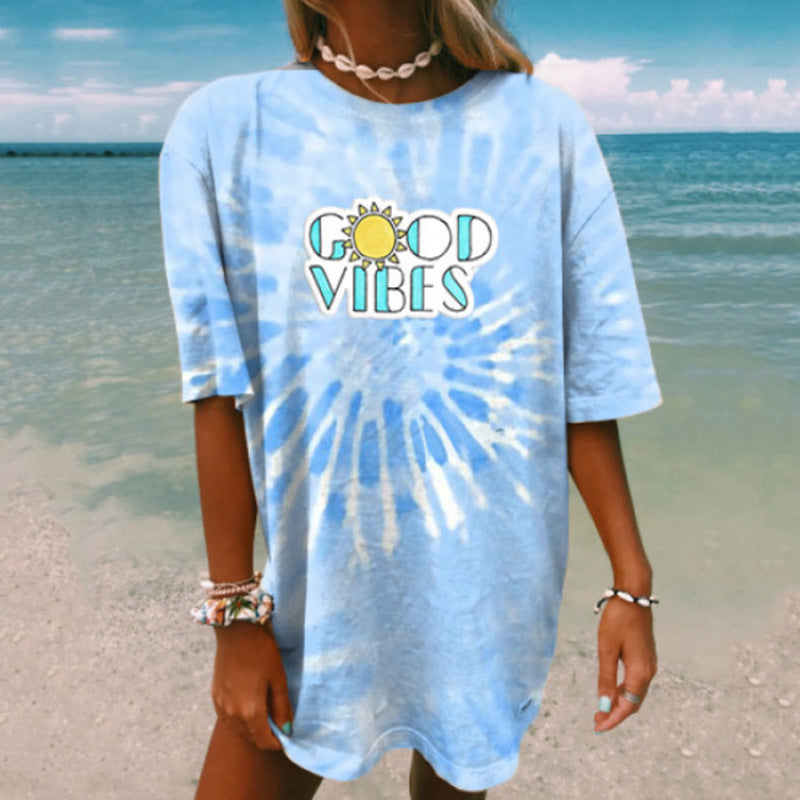 Casual Round Neck Short Sleeve Printed Tie-dye Pullover Women's T-shirt