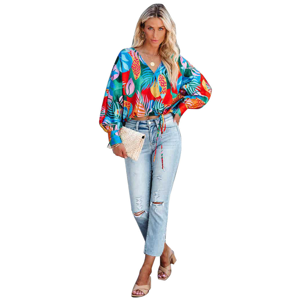 Women's Printed V-Neck Long Sleeve Loose Casual Shirt Top