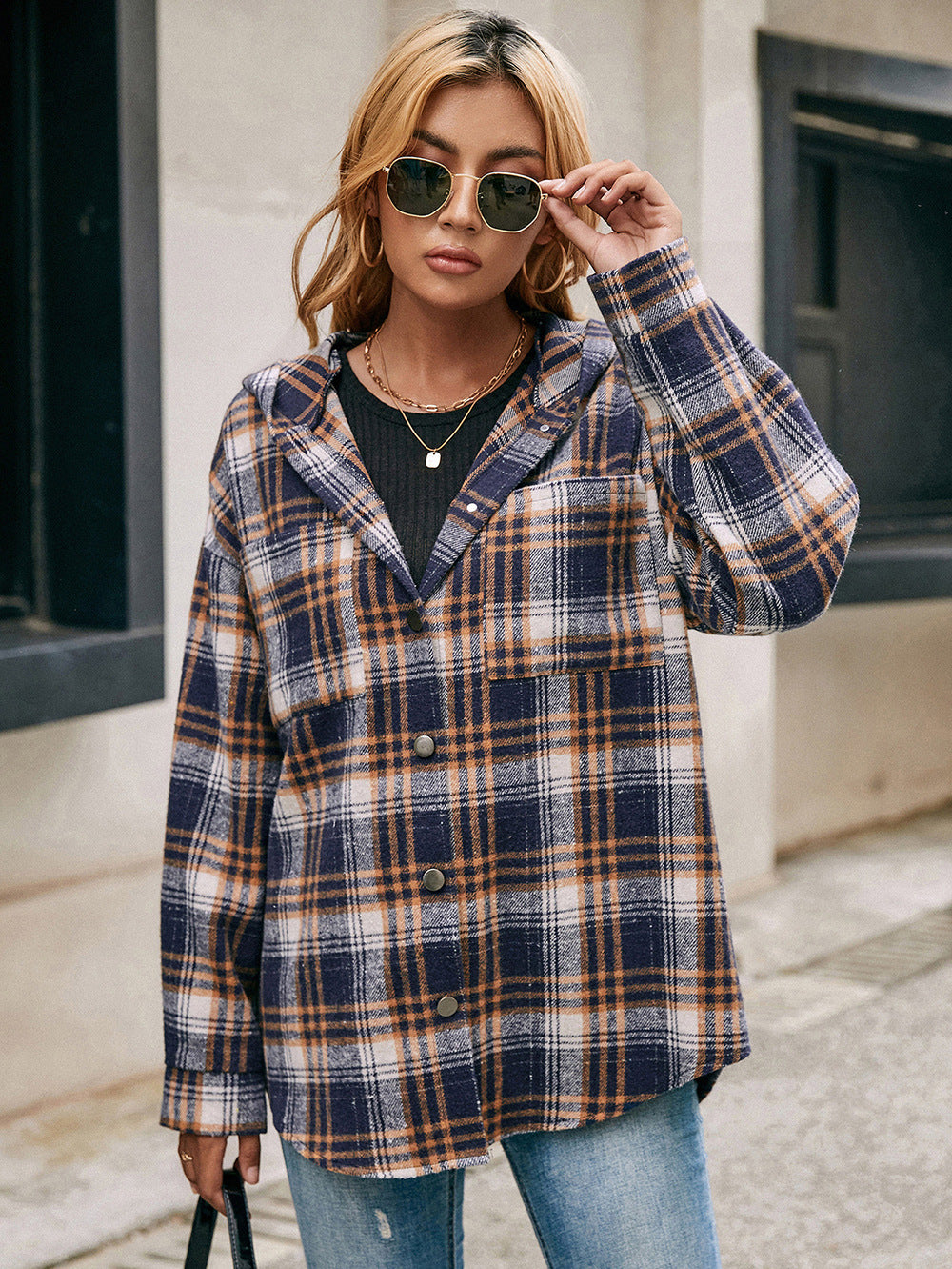 Loose Casual Long-sleeved Single-breasted Check Hooded Jacket