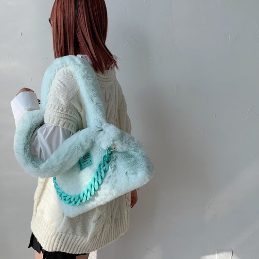 Girls Sweet Solid Color Underarm Trend Mao Shoulder Bag