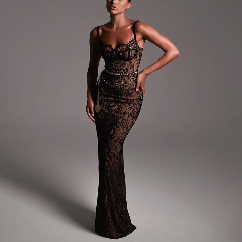New Lace Splicing Sling Long Dress