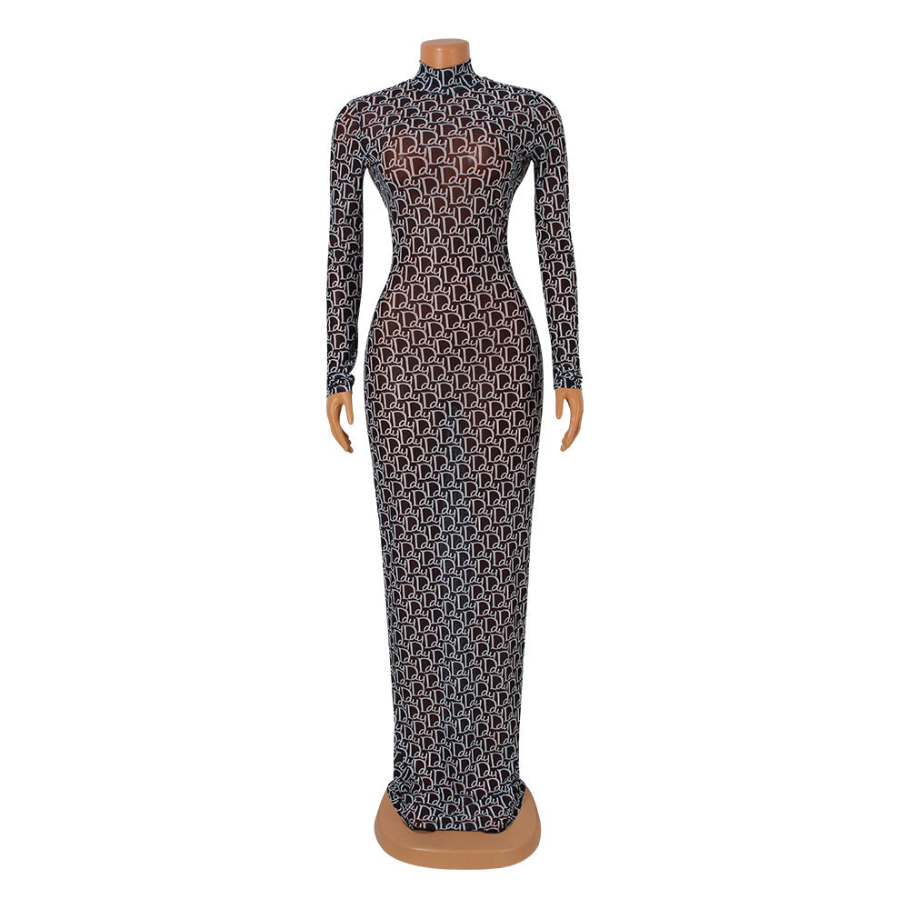 Fashion Mesh Sheer Print Open Back Dress