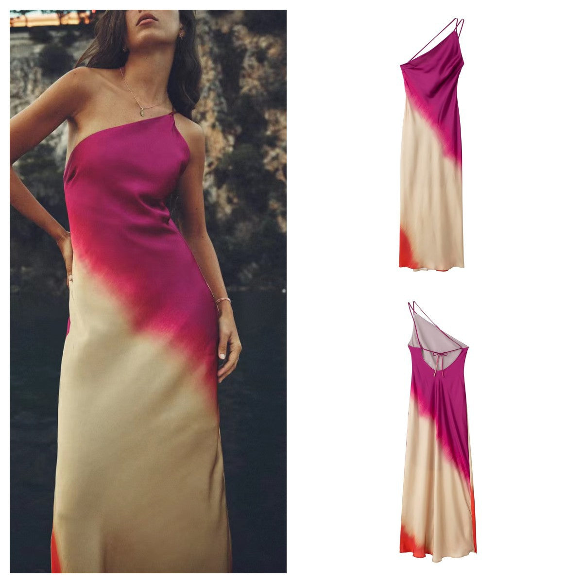 Women's Slant-shoulder Collar Tie-dye Strap Slim Dress