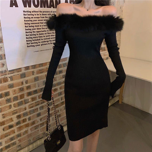 Off-shoulder Sweaters Dress Women's Autumn And Winter Leisure Slim Fit