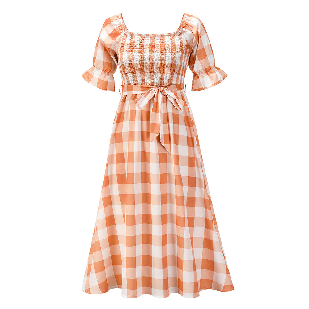 Slim One-neck Off-the-shoulder Plaid Print Beach Dress