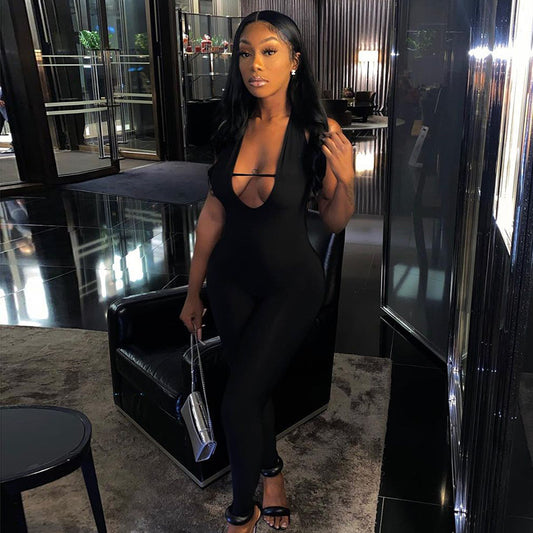 Women's Sleeveless Tight Halter Neck Solid Color Jumpsuit