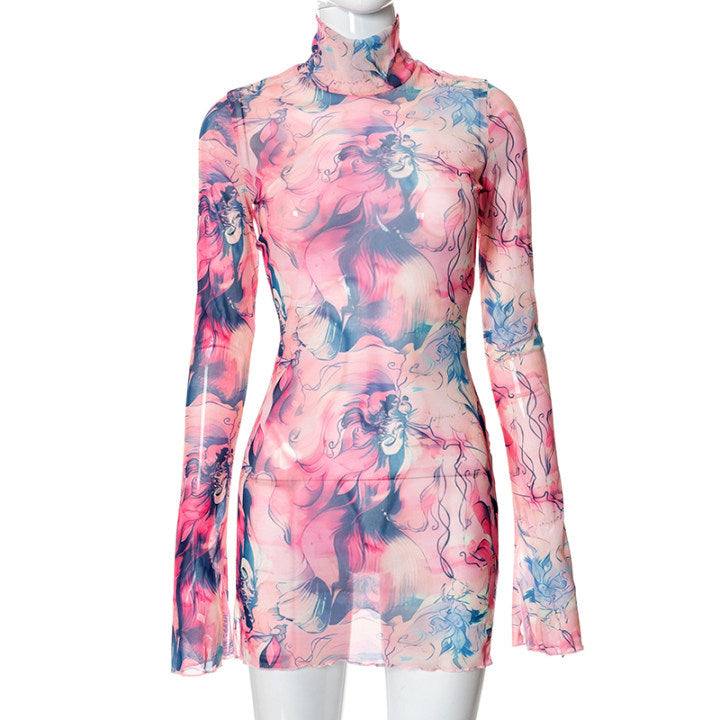 Mesh Floral Print Round-neck Flared Sleeves Side Open Sheath Dress