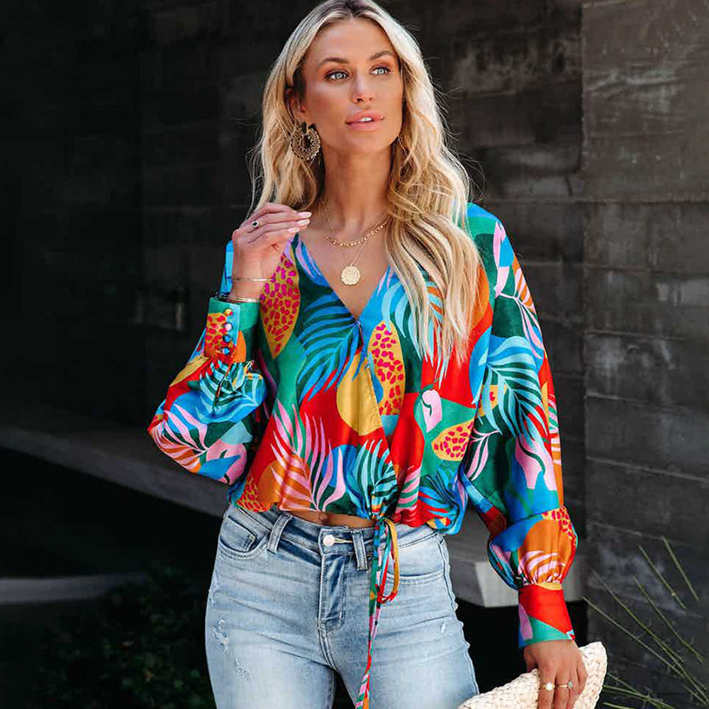 Women's Printed V-Neck Long Sleeve Loose Casual Shirt Top