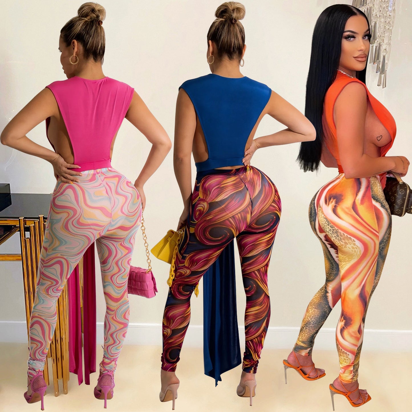 Ladies Fashion Mesh Print Trousers Two Piece Set Women