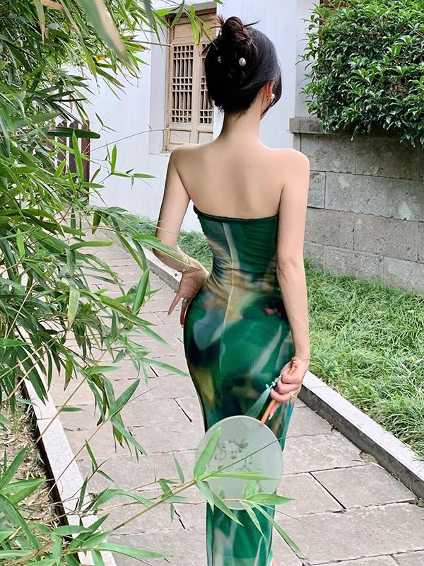 Retro Chinese Style Ink Painting Tube Top Dress