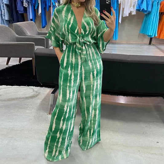 Personalized Print Lace Up V Neck Jumpsuit