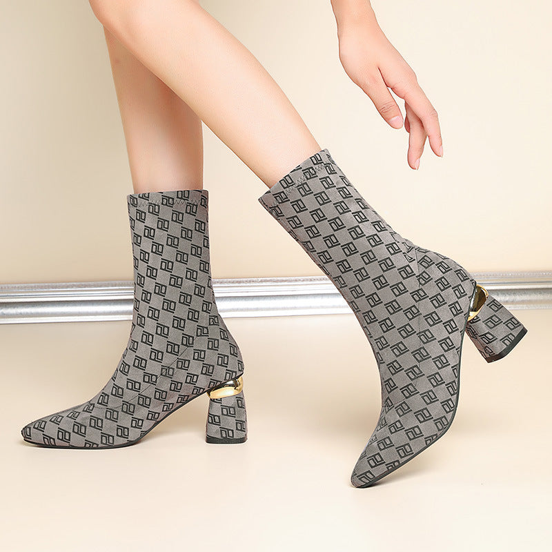Women's Stretch Knitted Chunky Heel Mid Tube High Heel Elastic Slip-on Martin Boots
