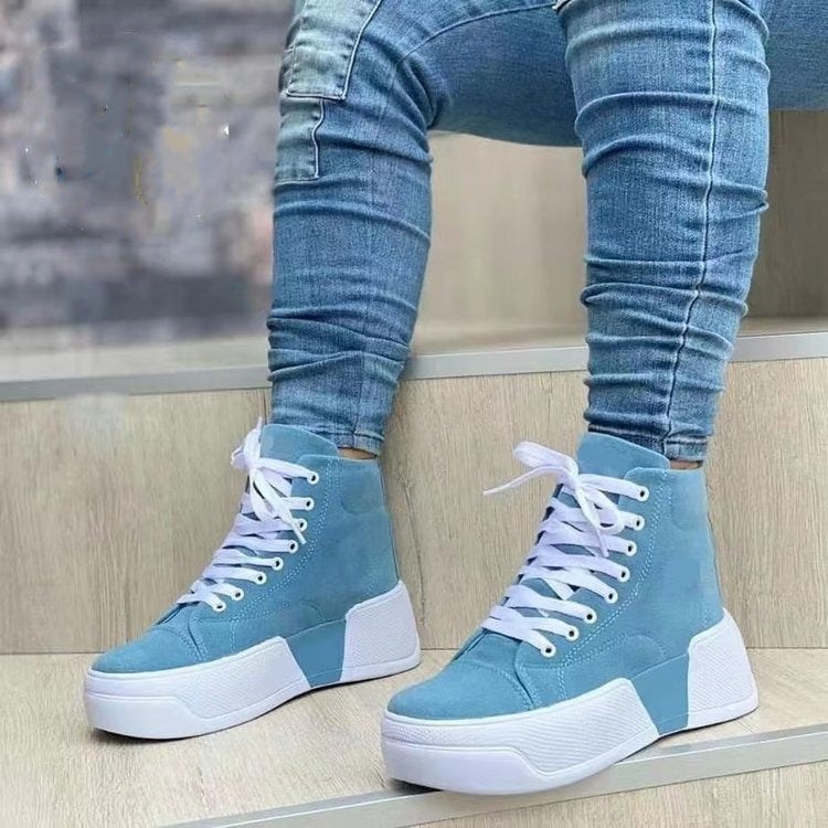 Chunky Heel Boots Round Toe Lace-Up Flats Shoes Suede Ankle Boots