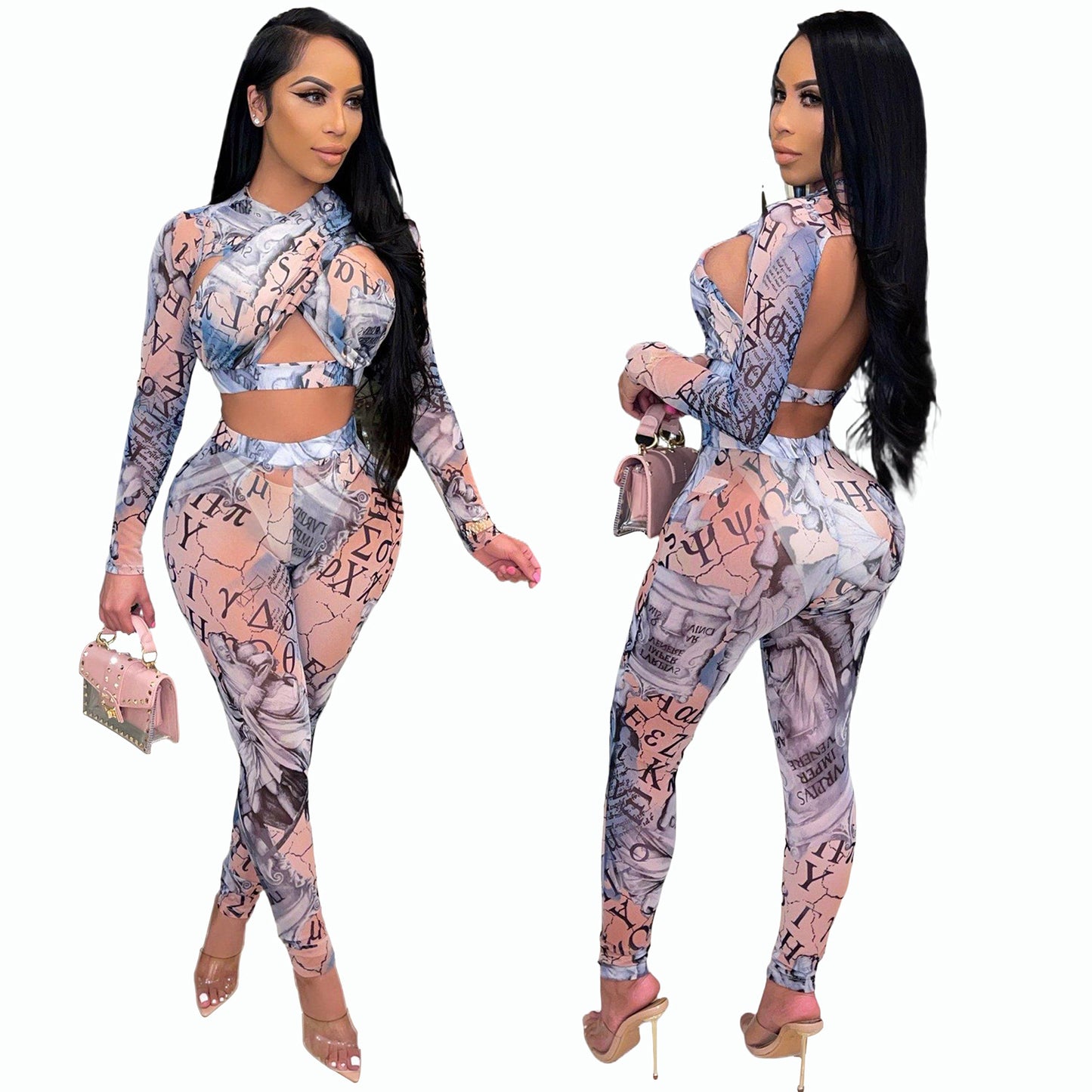 Printed Mesh See-Through Long-Sleeved Casual Suit