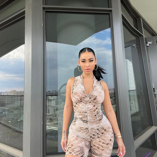 Snake Print Sleeveless V Neck High Waist Hip Raise Jumpsuit