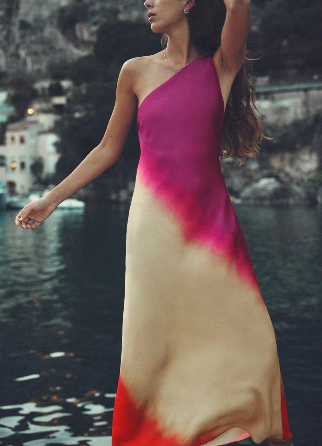 Women's Slant-shoulder Collar Tie-dye Strap Slim Dress