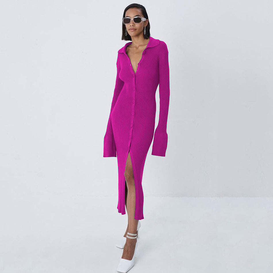 V-neck Long Button Flared Sleeve Sweater Dress