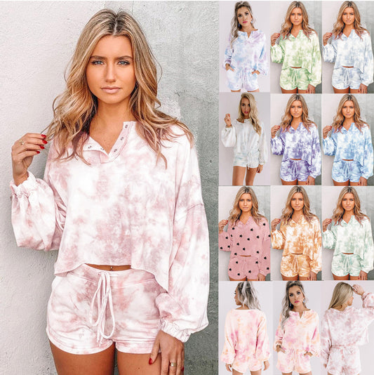 Tie Dye Print Loose T-Shirt Pullover Long Sleeve Shorts Set