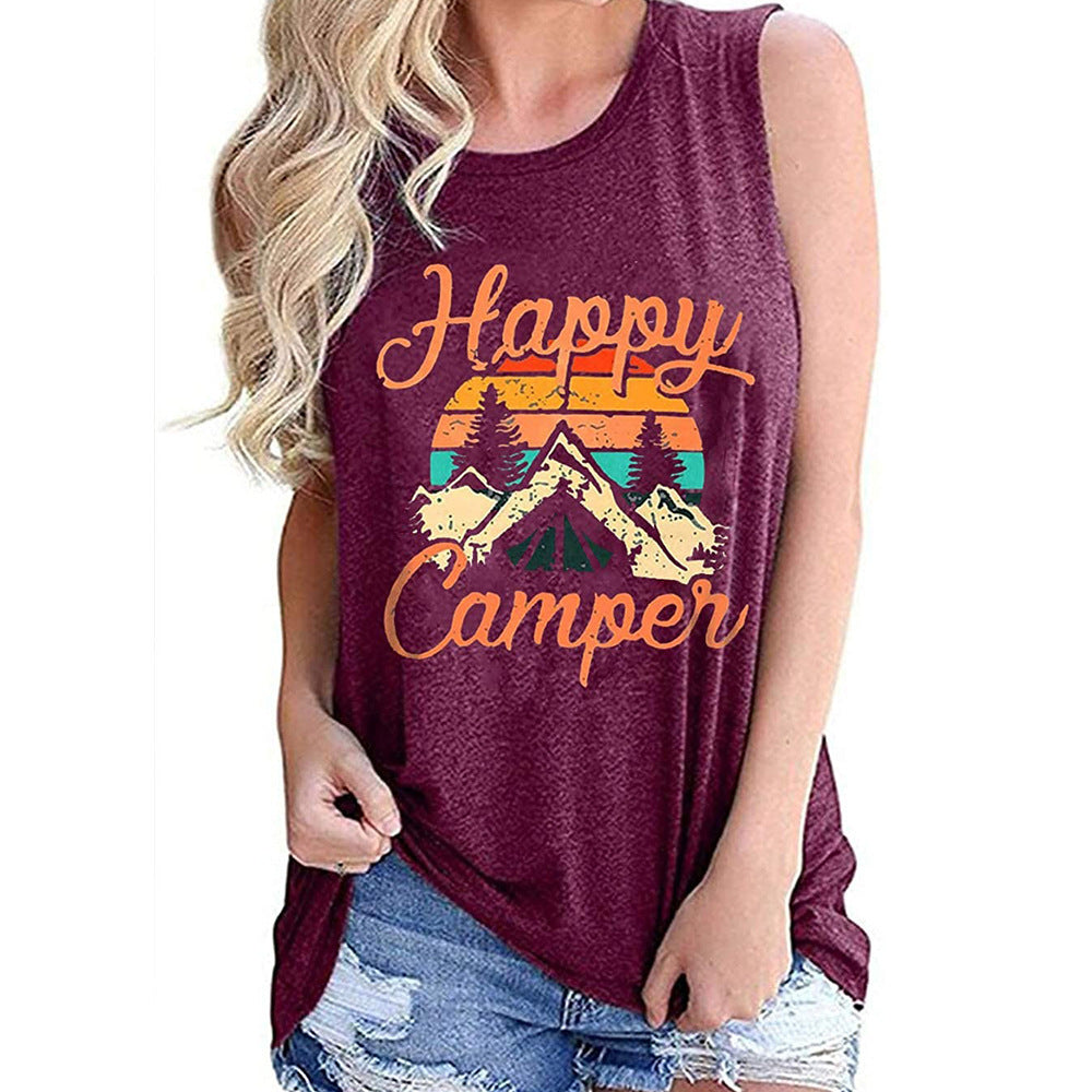 Happy Pattern Printed Round Neck Sleeveless T-shirt Women