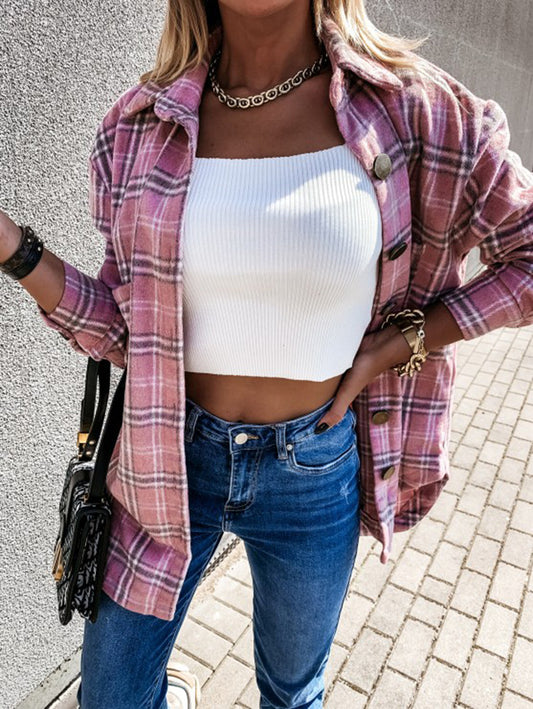 Loose Casual Retro Plaid Long-sleeved Shirt