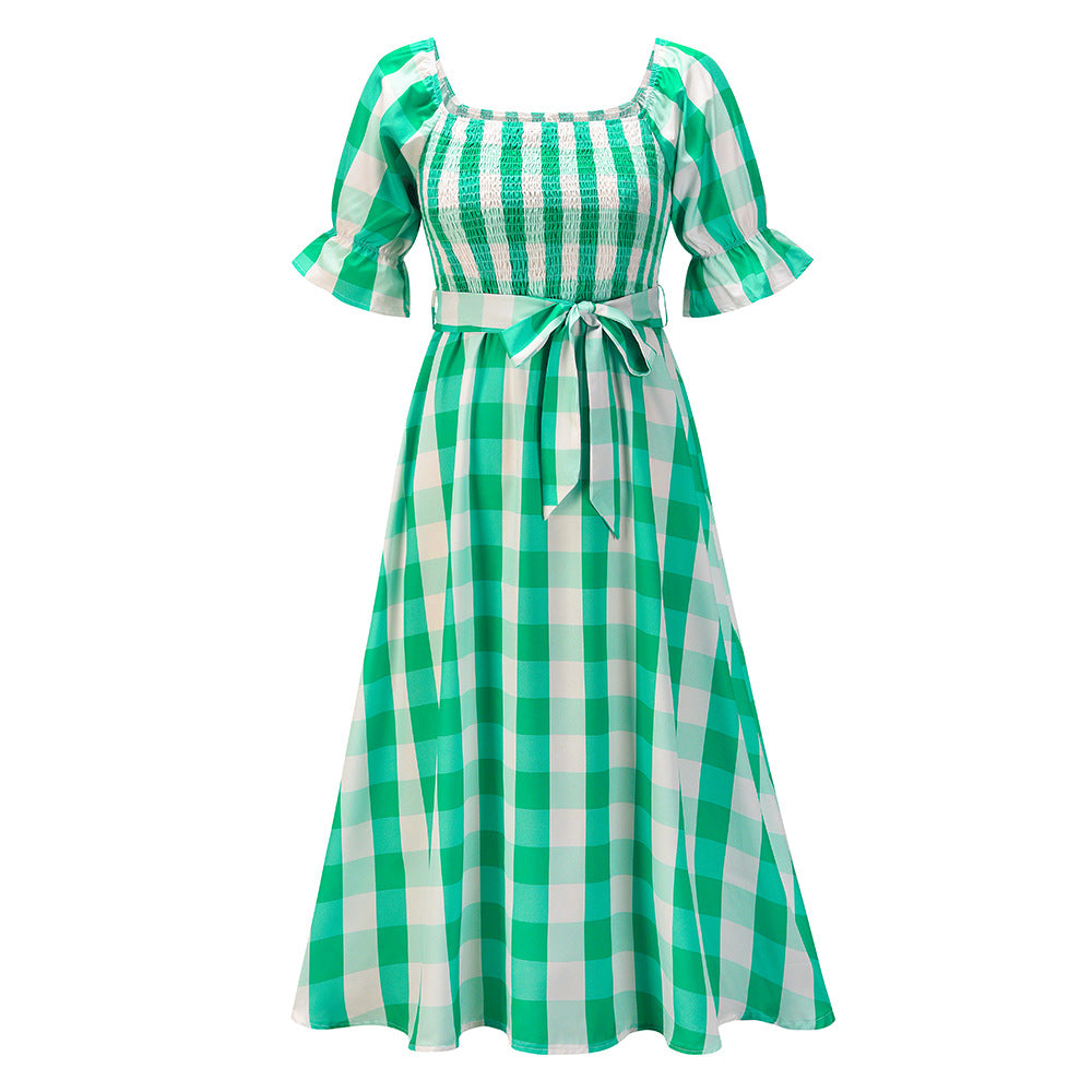 Slim One-neck Off-the-shoulder Plaid Print Beach Dress